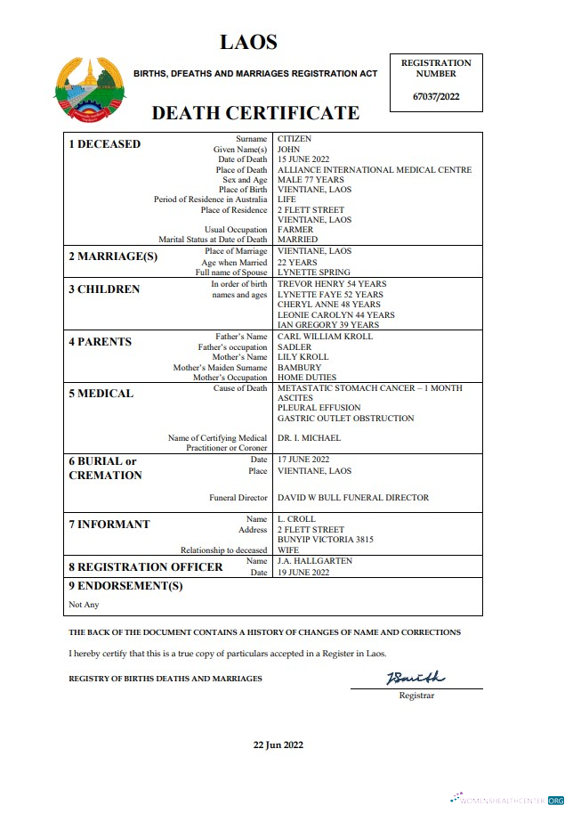 Download Laos vital record death certificate Word and PDF template Photoshop template